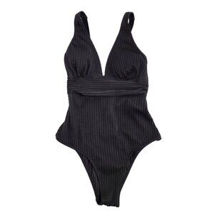 Black Ribbed One-Piece Swimsuit  Plunge Neckline Waist Detail Cupshe  Size S